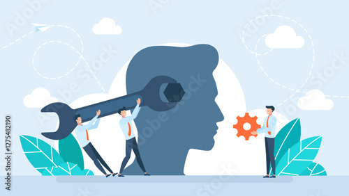 Silhouette of a human head with a wrench tool and nut. Change mindset, entrepreneur holding a wrench to modify gear cogs on a human head as a metaphor for mindset. Vector illustration