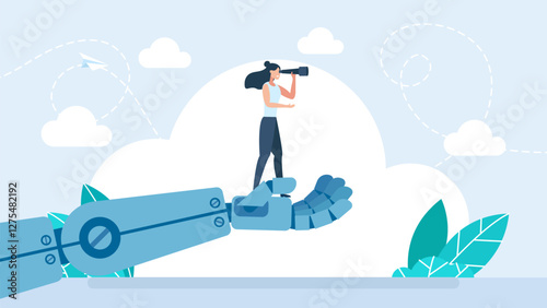 Business woman analyst use telescope climb up. Artificial intelligence technology futuristic, AI. Robot holding a businesswoman with a telescope, helping her to look further ahead. Vector illustration