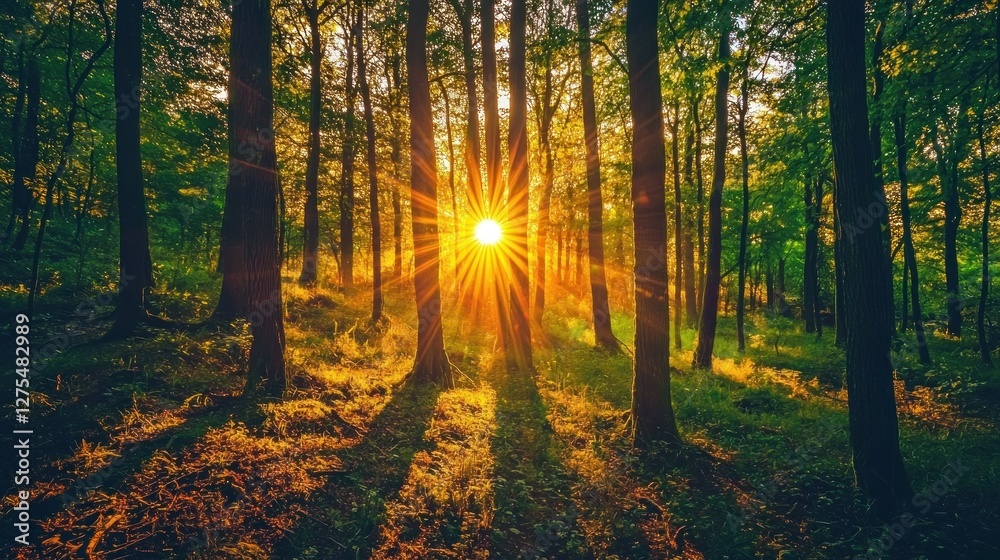 Fototapeta premium Sunset in the Forest: Golden Rays and Majestic Trees