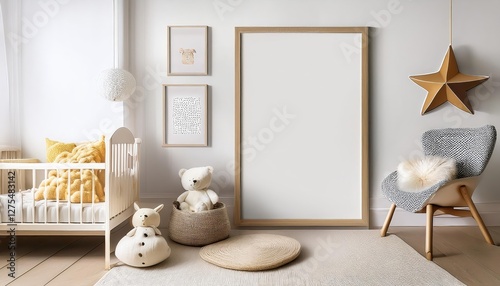 Vertical Frame Mockup Vibrant Kids Room Interior with Stylish Wall Frame in a Modern Nursery Setting, Capturing a Warm and Playful Atmosphere photo