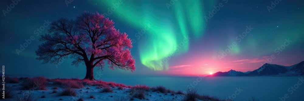 Fototapeta premium Majestic tree against the glowing Northern Lights, Lighting Effect, Tree