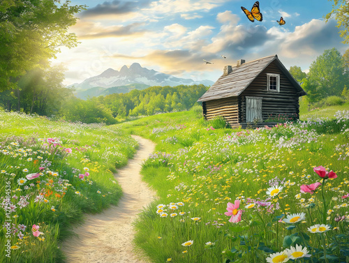 Idyllic countryside scene with a rustic log cabin surrounded by vibrant wildflowers and distant mountains