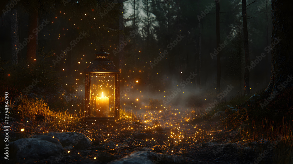 Fototapeta premium A glowing lantern illuminates a misty forest, surrounded by shimmering particles, evoking a magical and serene atmosphere