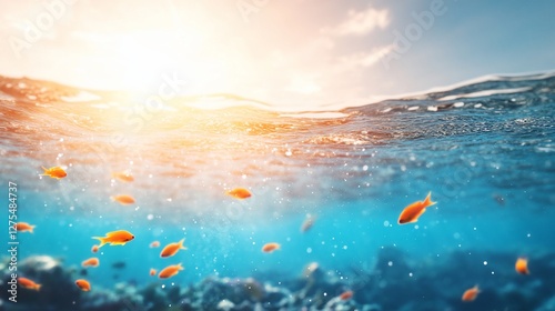 Underwater coral reef scene with fish, sunlit surface. Ocean background. Travel poster photo