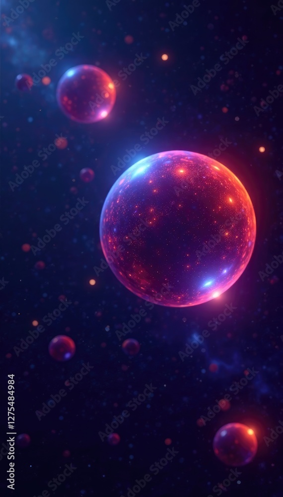 Orange and blue glowing orbs suspended in the darkness of space, violet, purple, orbs Orange and blue glowing orbs suspended in the darkness of space, violet, purple, orbs