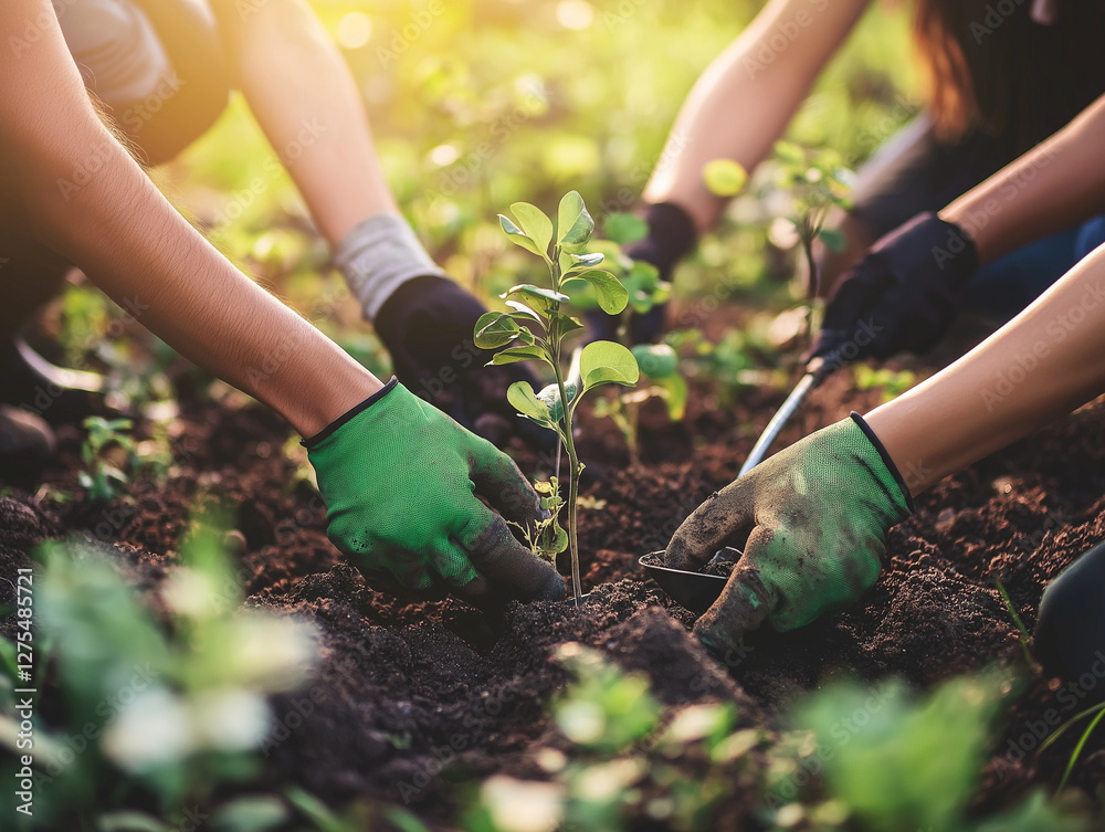Fototapeta premium Hands planting a young tree in rich soil during a community gardening event in bright sunlight