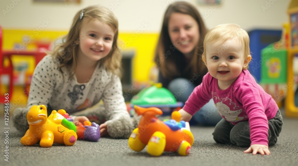 Fototapeta premium Energetic toddlers playing with soft toys in a daycare playroom,