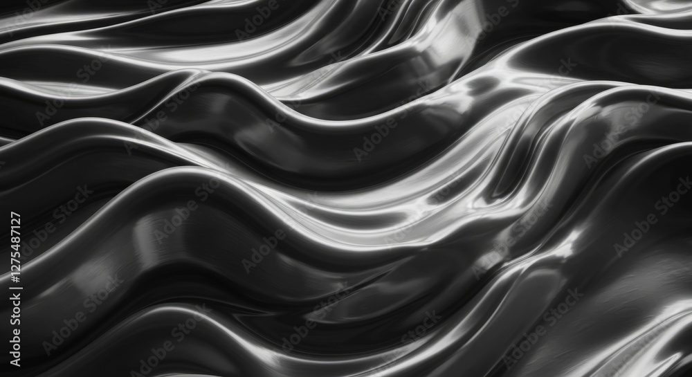 Obraz premium A smooth, liquid metallic surface in silver and black, rippling dynamically.