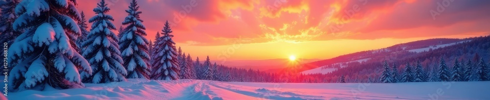 Snow-covered trees against a bright and colorful sunset, colorful, snowcovered Snow-covered trees against a bright and colorful sunset, colorful, snowcovered