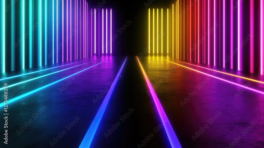Neon lights glowing in a 3D rendered dark space, creating a high-tech, futuristic atmosphere with deep shadows and vibrant neon colors Neon lights glowing in a 3D rendered dark space, creating a high-tech, futuristic atmosphere with deep shadows and vibrant neon colors