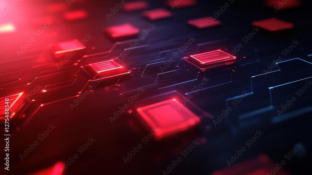 Abstract Futuristic Technology Background with Red Digital Squares Abstract Futuristic Technology Background with Red Digital Squares
