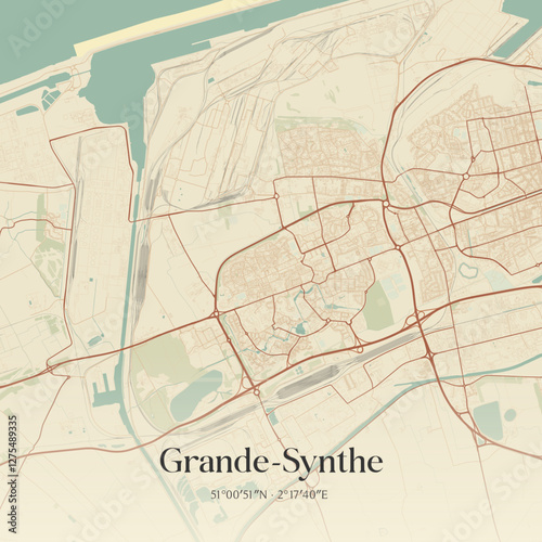 Vintage map of Grande-Synthe, France.