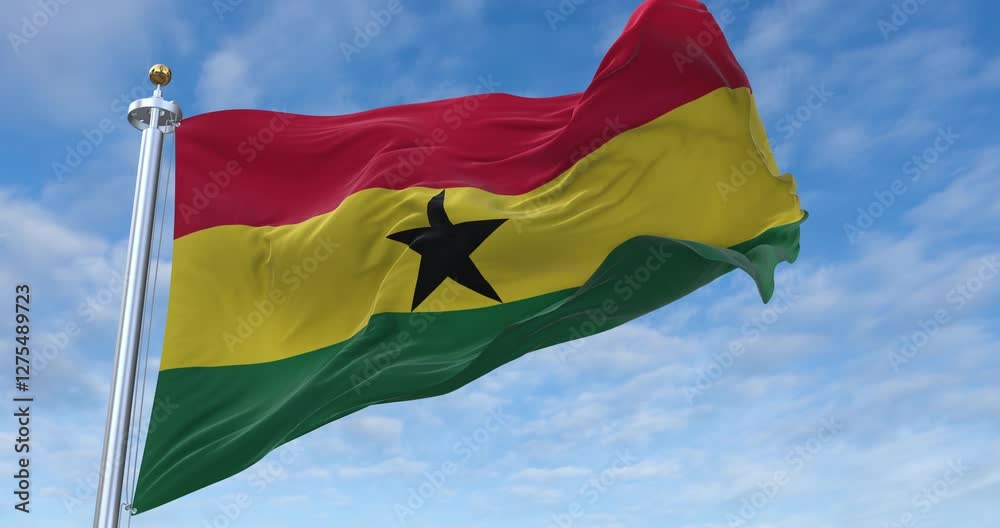 Ghana flag with flagpole waving in wind, rolling clouds background looping, 4K video (Perfect Loop)