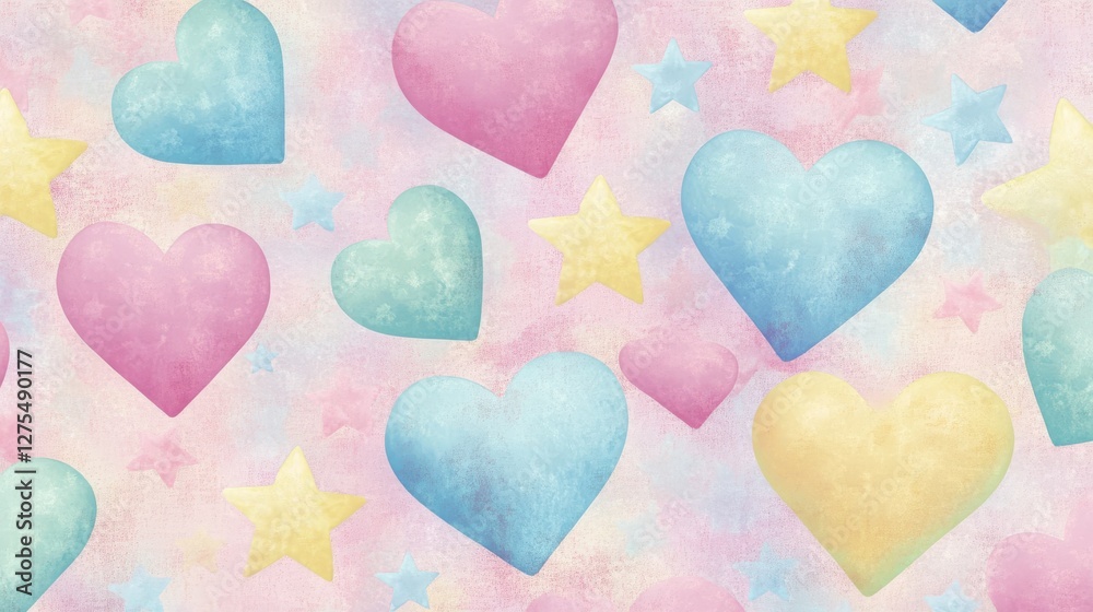 Colorful Heart and Star Patterns on Soft Pastel Background Colorful Heart and Star Patterns on Soft Pastel Background