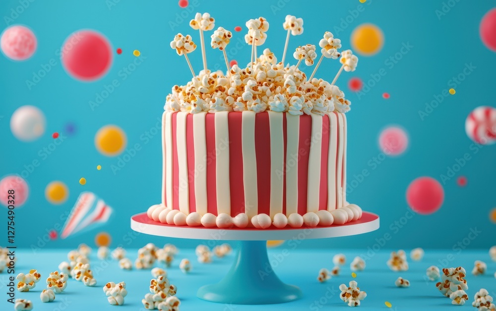 Hovering carnival-themed cake with vibrant stripes and popcorn decorations, vibrant background Hovering carnival-themed cake with vibrant stripes and popcorn decorations, vibrant background