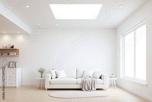 Modern living room white walls large window sofa side tables