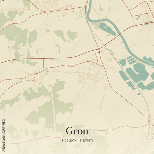 Vintage map of Gron, France.