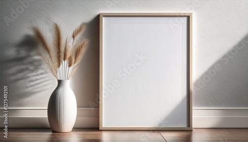 Vertical White Poster or Photo Frame Mockup with Vase on Wooden Floor Leaning against a Room at Dusk A Serene and Elegant Scene of Minimalist Charm