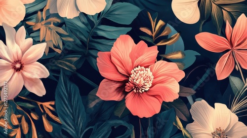 Vibrant Floral Pattern With Tropical Plants and Colorful Flowers photo