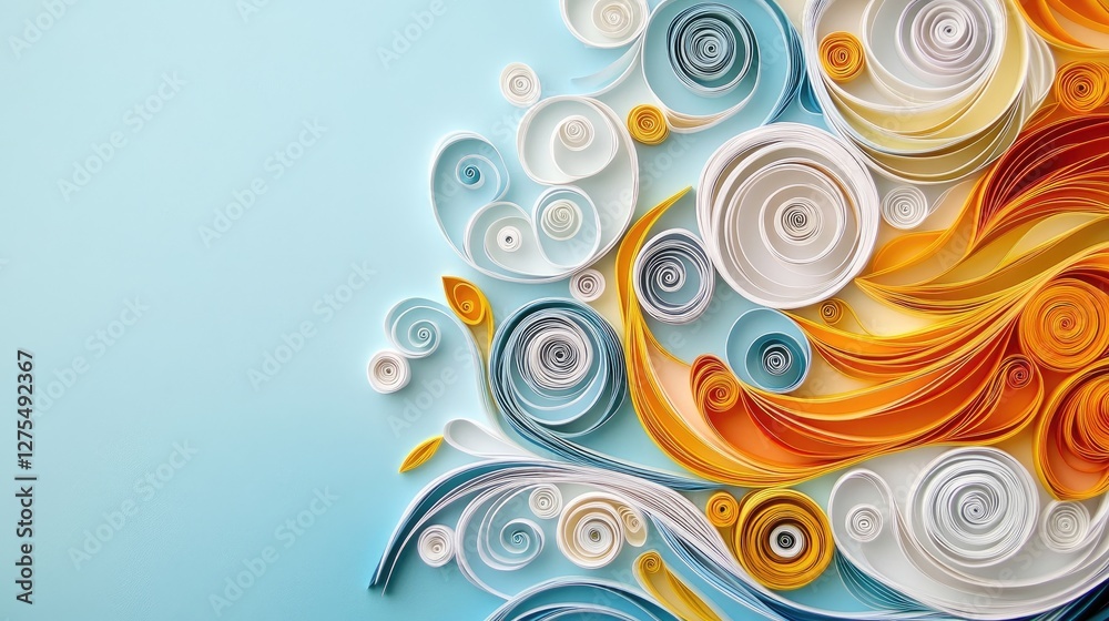 Vibrant paper quilling waves in orange, yellow, and white spirals on a soft blue background, creating a visually striking and creative design element Vibrant paper quilling waves in orange, yellow, and white spirals on a soft blue background, creating a visually striking and creative design element