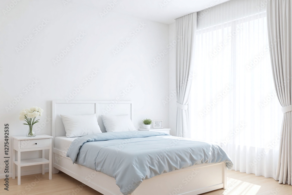 Fototapeta premium Modern minimalist bedroom large window white bed nightstand