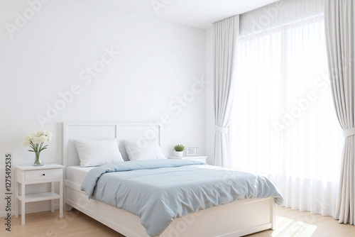 Modern minimalist bedroom large window white bed nightstand
