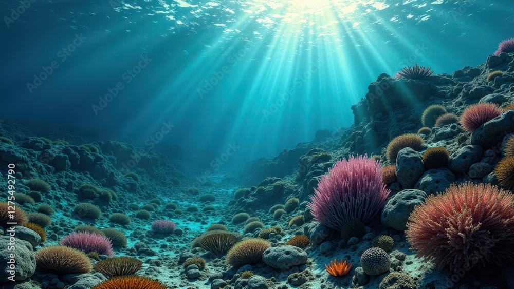 Fototapeta premium Underwater coral reef canyon with sunlight rays illuminating sandy seabed 