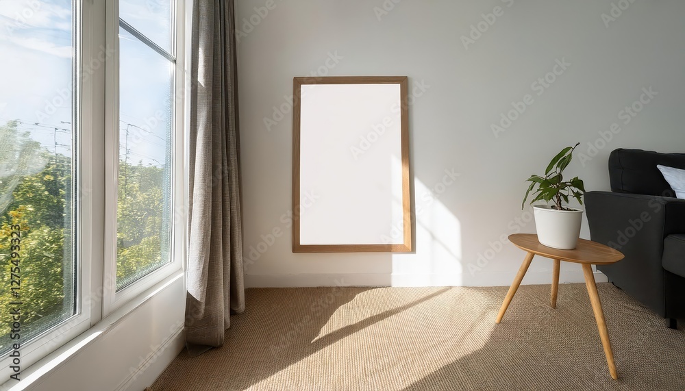 Elegant Vertical Wood Frame Mockup showcasing a Cozy Living Room Interior, bathed in Soft Window Light Shadow, creating a Captivating and Inviting Atmosphere. Elegant Vertical Wood Frame Mockup showcasing a Cozy Living Room Interior, bathed in Soft Window Light Shadow, creating a Captivating and Inviting Atmosphere.
