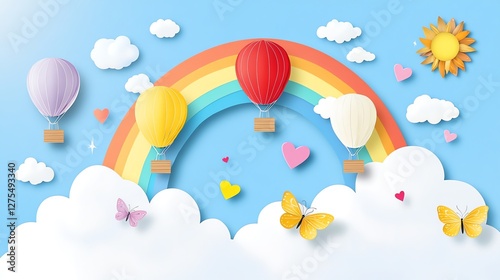 A whimsical, vibrant scene with a blue sky, rainbow, fluffy clouds, and hot air balloons. Butterflies, stars, and hearts add playful charm under a glowing sun