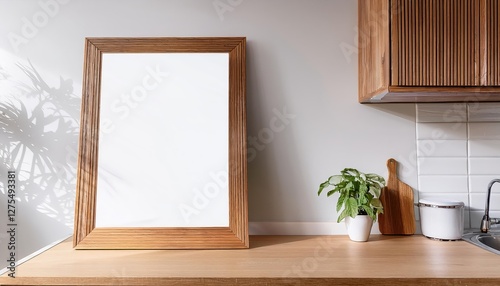 Sleek Vertical Wood Frame Artwork Elevating Modern Kitchen Design, Featuring Rustic Tones and Minimalist Aesthetics, Adding a Touch of Refined Simplicity to the Space.