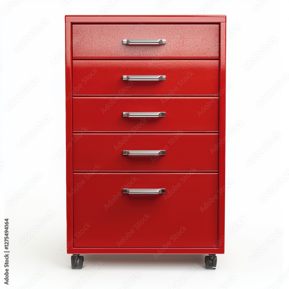 Bright red filing cabinet with multiple drawers and sleek handles isolated on white Bright red filing cabinet with multiple drawers and sleek handles isolated on white