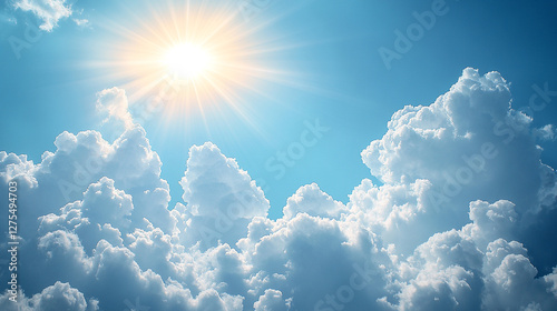Bright sun shining over fluffy white clouds in clear blue sky.