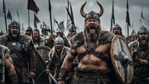 A fierce band of Vikings, clad in armor and furs, charge forward with a ferocious battle cry.