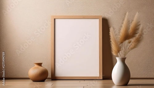 Vintage Beige Wooden Frame Showcasing a Warm, Textured Poster Against a Minimalistic Beige Backdrop, Elevating Any Space with its Elegant Simplicity