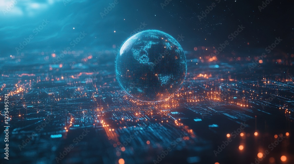 Fototapeta premium Digital Globe Surrounded by Glowing Data Points and Network Connections