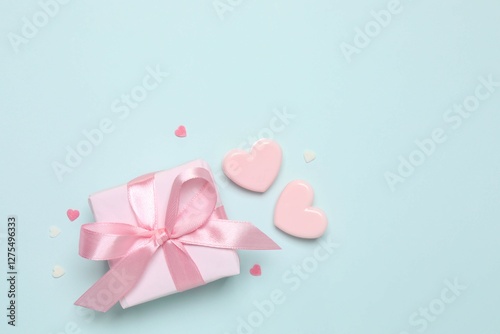 Beautiful gift box with pink hearts on color background