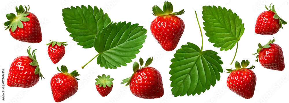 set of red fresh strawberries and green leaves set of red fresh strawberries and green leaves