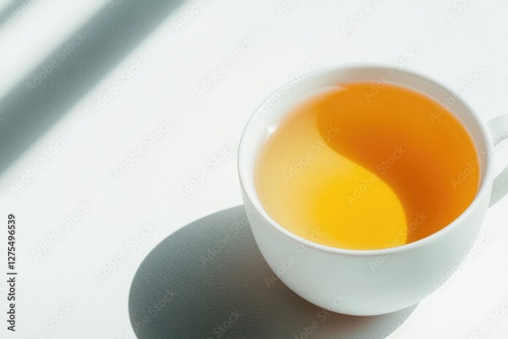 Warm tea in white cup casts soft shadows on bright surface, evok Warm tea in white cup casts soft shadows on bright surface, evok