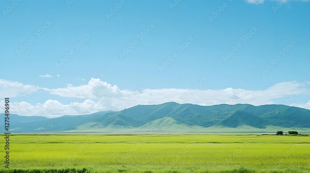 Serene Landscape Featuring Lush Green Fields and Distant Mountains Serene Landscape Featuring Lush Green Fields and Distant Mountains