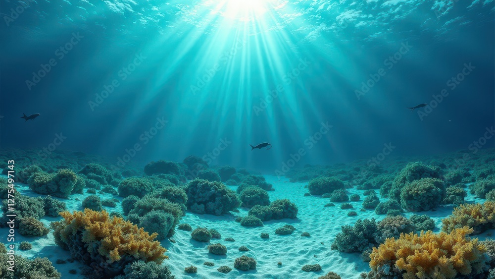 Fototapeta premium Underwater coral reef with sunlight rays illuminating sandy seabed and corals 