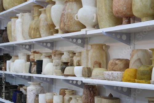 Egyptian alabaster vases and pots as souvenirs in Luxor, Egypt