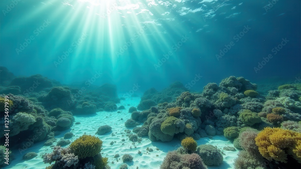 Naklejka premium Underwater coral reef with sunlight rays illuminating sandy seabed and corals
