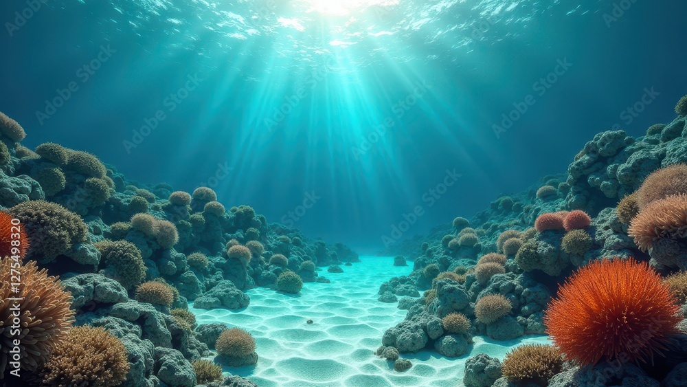 Fototapeta premium Underwater coral reef with sunlight rays illuminating sandy seabed and corals 