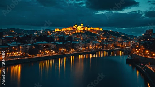 Tbilisi's Narikala Fortress at twilight, urban nightscape reflections