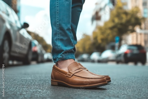 Casual man brown loafer shoes posing in the urban street