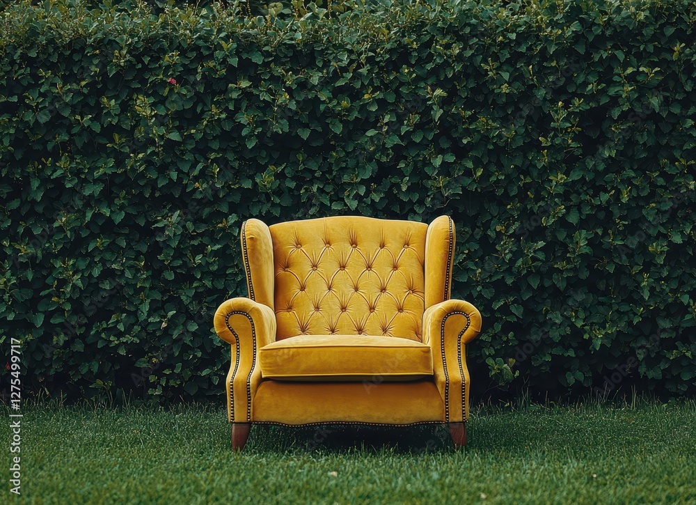 Elegant empty yellow velvet armchair surrounded by lush green foliage, inviting relaxation and tranquility. Elegant empty yellow velvet armchair surrounded by lush green foliage, inviting relaxation and tranquility.
