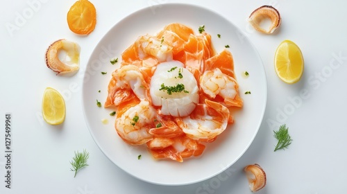 Fresh seafood platter featuring shrimp and scallops garnished with herbs and lemon slices photo