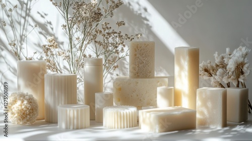 A collection of elegant, eco-friendly waterless beauty products like solid shampoo bars, facial cleansing sticks, and lotion bars, arranged artistically.