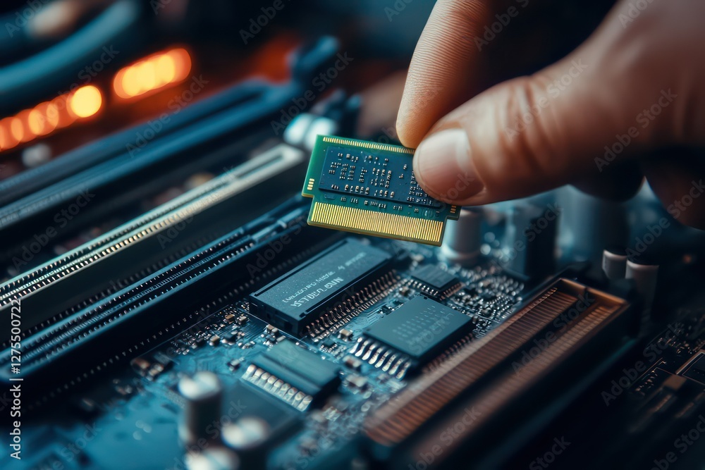 clean shot of a computer technician replacing the RAM module in a desktop system. clean shot of a computer technician replacing the RAM module in a desktop system.