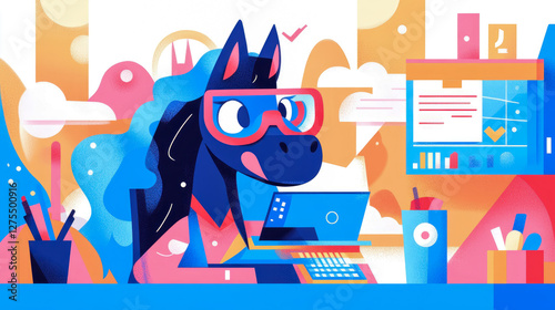 Office Life: Horse professional working at the desk with computer and calendar, modern vibrant illustration for web and app photo